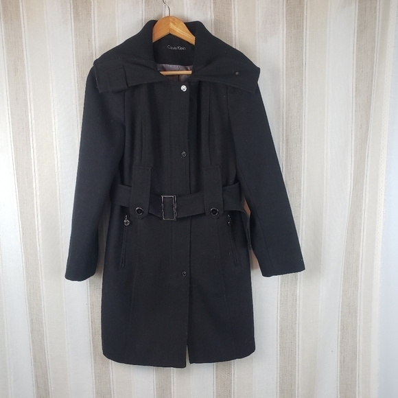 Calvin‎ Klein Wool Blend Trench Pea Coat Black Size 6 - Picture 1 of 15